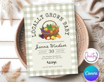 Editable Farmers Market Baby Shower Invite, Locally Grown Baby Shower Invitation, Green Gingham Gardening Editable Canva Instant Download