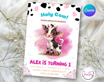 Holy Cow Birthday Invitation Template, Holy Cow Invitation, Editable Holy Cow invitation, Cowgirl Invitation, Cow Invite, Instant Download