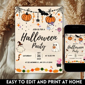 May include: A Halloween party invitation featuring pumpkins, bats, and ghosts. The invitation reads "Join us for a Halloween Party" with the date, time, and address. A smartphone shows the same design.