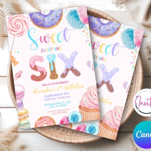 Sweet Sassy and SIX, 6th Girl Birthday Invitation, cotton candy sweets donut ice cream cupcake, Dessert Invite, Candy Sweets Donut, Canva