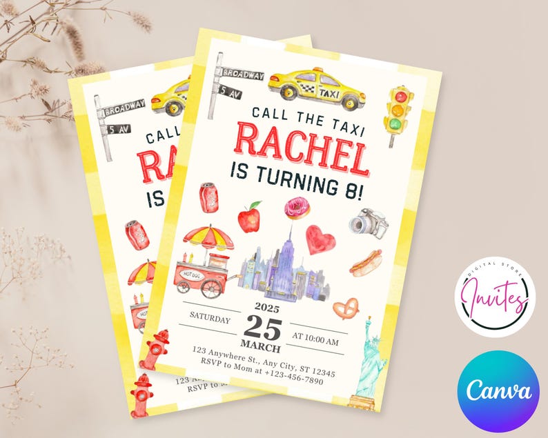 May include: Two invitations with a yellow border and watercolor illustrations of New York City landmarks. The text reads "Call the Taxi, Rachel is turning 8!" with the date March 25, 2025. Includes a taxi, hot dog cart, and Statue of Liberty.