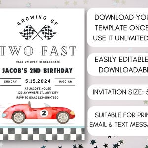 May include: A printable invitation for a 2nd birthday party with a race car theme. The invitation is white with black text and features a red race car with a checkered flag background. The text reads "Growing Up Two Fast Race On Over To Celebrate Jacob's 2nd Birthday Sunday 5.15.2024 9:00 AM At Jacob's House 123 Anywhere St., Any City RSVP To Isaac 123-456-7890".