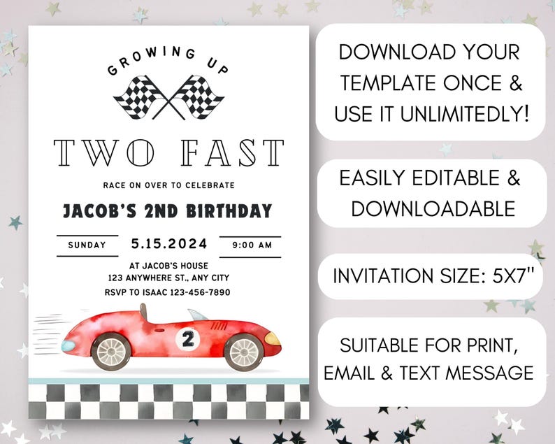 May include: A printable invitation for a 2nd birthday party with a race car theme. The invitation is white with black text and features a red race car with a checkered flag background. The text reads "Growing Up Two Fast Race On Over To Celebrate Jacob's 2nd Birthday Sunday 5.15.2024 9:00 AM At Jacob's House 123 Anywhere St., Any City RSVP To Isaac 123-456-7890".