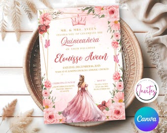 Editable Blush Pink Quinceañera Invitation template, Mis Quince Invitation, Quinceanera Invitation, Quinceañera, Canva Editable Template