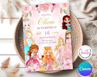 Princess Birthday Invitation Princess Invitation Princess Party Invitation Girl Princesses Invitations Gold Pink Instant EDITABLE Digital