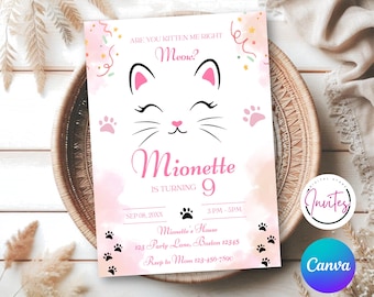 Invitation d'anniversaire chaton modèle d'invitation fête d'anniversaire fille chat mignon modifiable Êtes-vous chaton moi Right Meow bébé rose fille numérique instantanée