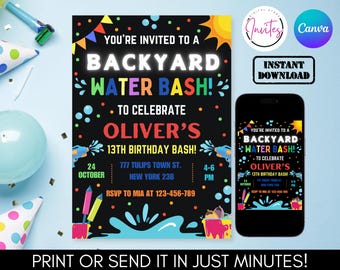 Water Gun Birthday Invitation, Pool Party Invitation, Water Gun Bash Party, Canva Template, Canva Editable Evite, Digital Kids Party Invite