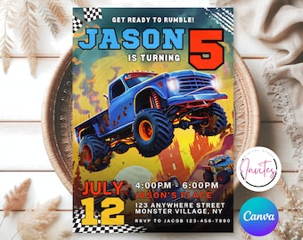 Monster Truck Birthday Invite, Editable Boy Birthday Invitation, Boys Trucks Birthday,  Editable template, Instant Download, Canva Editable