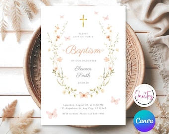 Vintage Floral Baptism Invitation Girl Pink Flower Invite Template Christening Invitation Dusty Pink Template Victorian Era First Communion