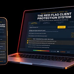 May include: A laptop and a smartphone displaying The Red Flag Client Protection System, a freelance screening tool. The interface features a dark theme with yellow accents, showing client audit checklists, risk score indicators, and form fields.