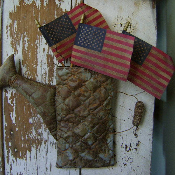 Primitive Summer Spring Fall Watering Can Hanging with Flags...Awesome...