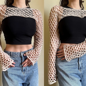 シュラッグ メッシュ クロシェ クロップ トップ パターン、レディース ファッション Y2K スリーブ、クロシェ パターン DIY トップ 初心者向け PDF