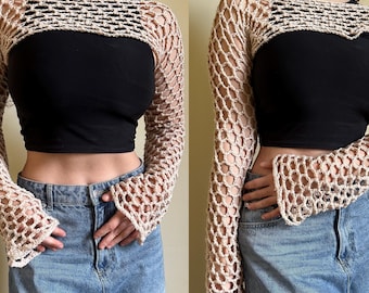 Mesh Crochet Crop Top Shrug Pattern, Y2K Sleeves (PDF)