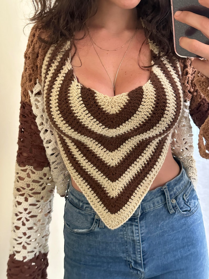 A vibrant, crochet bandana top in alternating beige and brown stripes displayed on a size small model. The top features a simple yet stylish design, perfect for beginners. Created using Linda Made This beginner-friendly crochet pattern.