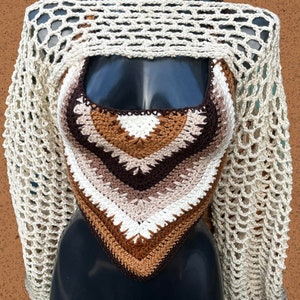 A vibrant, striped crochet bandana top in all different shades of brown and a beige shrug displayed on a mannequin. The top features a simple yet stylish design, perfect for beginners. Created using Linda Made This beginner-friendly crochet pattern.
