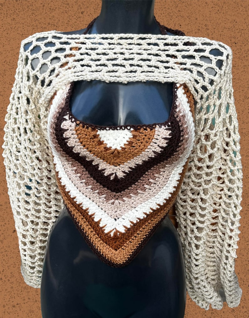 A vibrant, striped crochet bandana top in all different shades of brown and a beige shrug displayed on a mannequin. The top features a simple yet stylish design, perfect for beginners. Created using Linda Made This beginner-friendly crochet pattern.