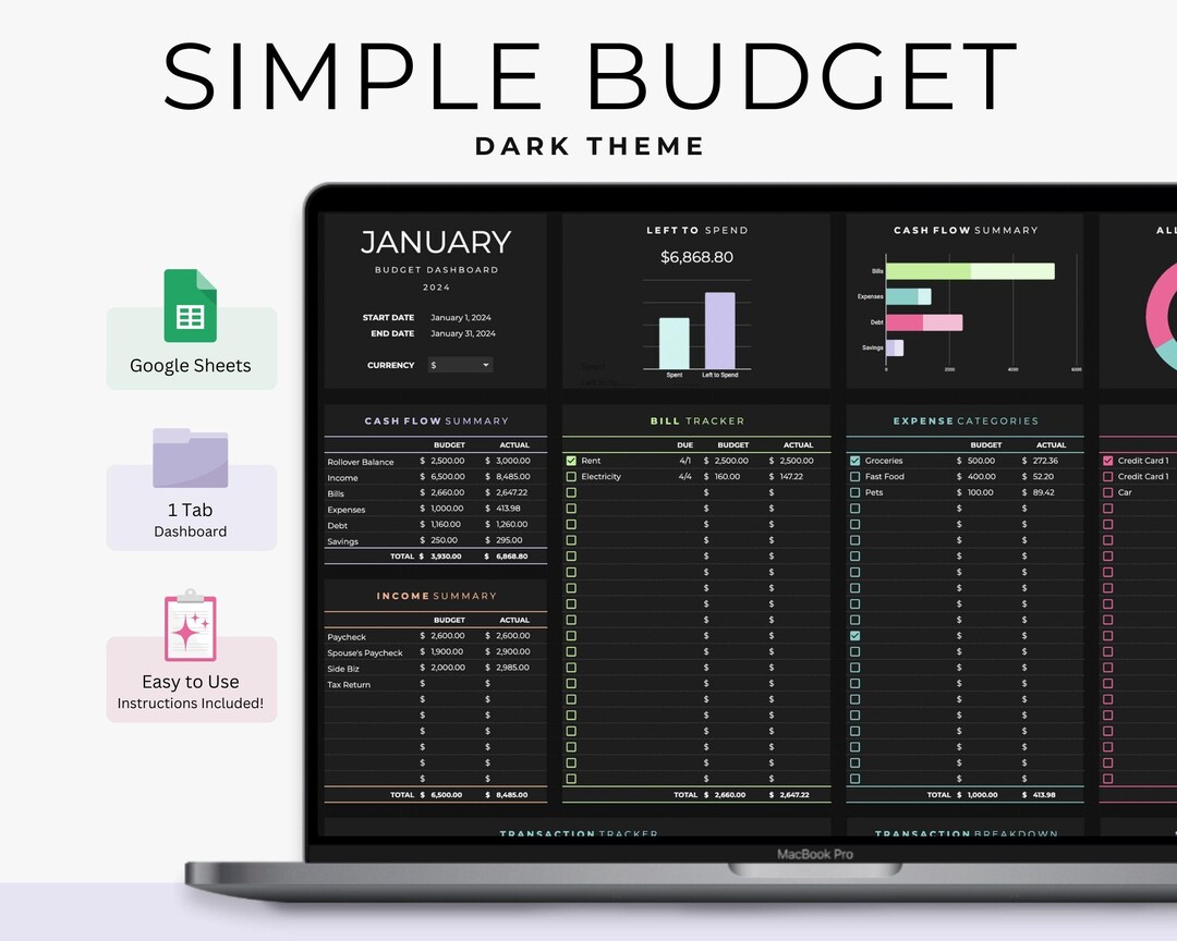 Budget Planner Google Sheets, Dark Mode, Monthly Budget Spreadsheet ...