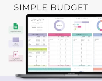 May include: A laptop displaying a budget dashboard with the text "SIMPLE BUDGET" at the top. The screen shows financial charts and tables for tracking income, expenses, and savings. Icons for Google Sheets, a 1 Tab Dashboard, and instructions are also visible.