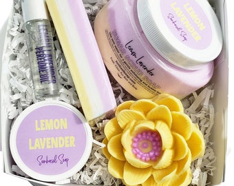 Lotus Flower Deluxe Spa Gift / Natural Skincare with Lavender Soap / Sugar Scrub / Perfume Oil / Body Butter / Spa Gift Set/  Ready to Gift