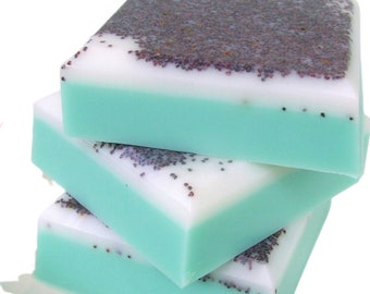 May include: Three bars of handmade soap with a white and light blue base and a layer of dark gray poppy seeds on top.