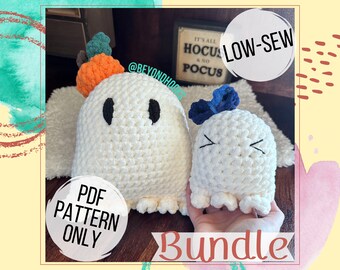 May include: A bundle of two crochet ghost amigurumi patterns. The ghosts are white with black eyes and mouths. The larger ghost has a small orange pumpkin on its head. The smaller ghost has a blue bow. The text "LOW-SEW" is written in a circle on the image. The text "PDF PATTERN ONLY" is written in a circle on the image. The text "Bundle" is written in large letters on the image.