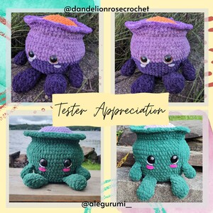 May include: Four crocheted plush toys in different colors. Two are purple with orange accents and two are green with purple accents. The toys have large eyes and a round, pot-like shape. The text "Tester Appreciation" is in the center of the image.