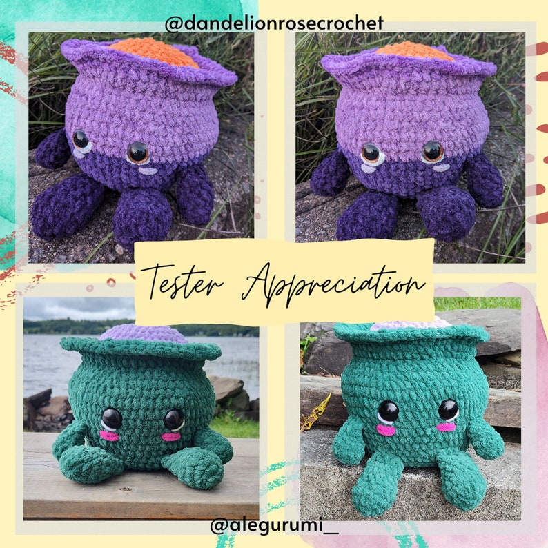May include: Four crocheted plush toys in different colors. Two are purple with orange accents and two are green with purple accents. The toys have large eyes and a round, pot-like shape. The text "Tester Appreciation" is in the center of the image.