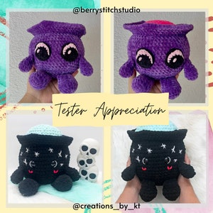 May include: Four crocheted cauldron plushies in different colors and designs. Two are purple with pink accents and black eyes. Two are black with white stars and blue accents. The text "Tester Appreciation" is visible in the image.