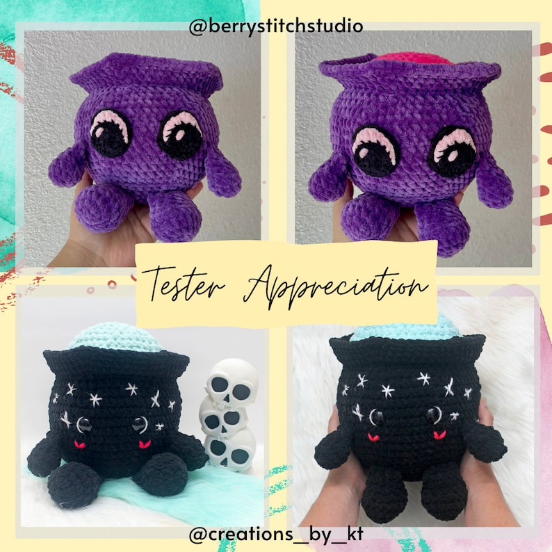 May include: Four crocheted cauldron plushies in different colors and designs. Two are purple with pink accents and black eyes. Two are black with white stars and blue accents. The text "Tester Appreciation" is visible in the image.