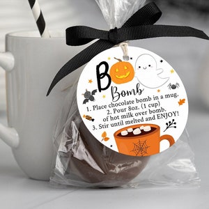 Editable Halloween Hot Chocolate Bomb Tags Hot Cocoa Bomb Instructions Boo Bomb Favor Tags Fall Autumn Pumpkin Ghost Digital Download