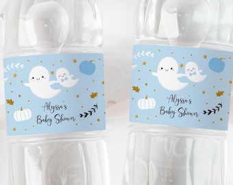 Etiqueta digital para botella de agua de baby shower con temática de fantasmas: Little Boo, niño azul, calabaza, Halloween, A637