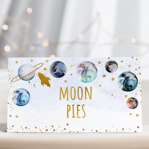Cartes d'anniversaire modifiables Galaxy, étiquettes de nourriture, marque-places, or bleu, garçon, galaxie, planètes, espace extra-atmosphérique, fête, fusée, bateau, imprimable