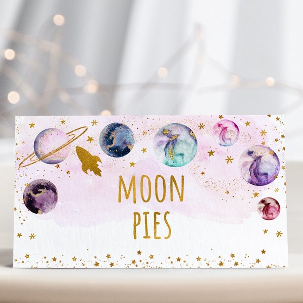 Editable Galaxy Birthday Tent Cards Food Labels Place Cards Pink Gold Girl Galaxy Planets Outer Space Party Rocket Ship Printable A586