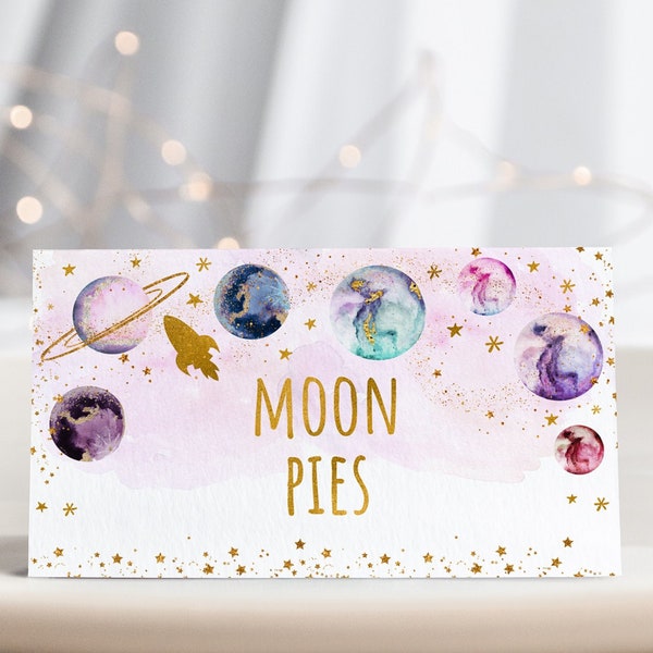 Cartes d'anniversaire modifiables Galaxy, étiquettes de nourriture, marque-places, fille or rose, galaxie, planètes, espace extra-atmosphérique, fête, fusée, bateau, imprimable