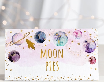 Editable Galaxy Birthday Tent Cards Etiquetas de alimentos Tarjetas de lugar Pink Gold Girl Galaxy Planets Outer Space Party Rocket Ship Imprimible A586