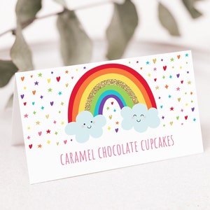 Editable Rainbow Tent Cards Food Labels Place Cards Girls Rainbow Birthday Party Gold Rainbow Clouds Digital Printable Instant Download A530