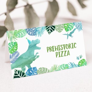 Cartões de tenda de dinossauro editáveis, etiquetas de alimentos, t-rex, aniversário, festa de dinossauro, safari, verde, azul, aquarela, dinossauros digitais a663
