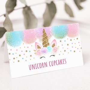 Editable Unicorn Birthday Tent Cards Food Labels Place Cards Unicorn Party Pink & Gold Unicorn Floral Unicorn Printable Digital Corjl A451