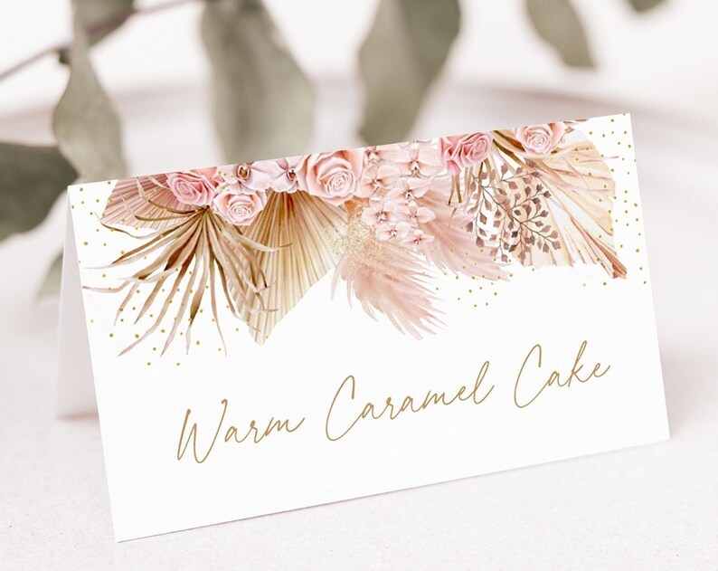 Editable Pampas Grass Tent Cards Food Labels Bohemian Baby Shower Tropical Desert Floral Pink Floral Printable Digital