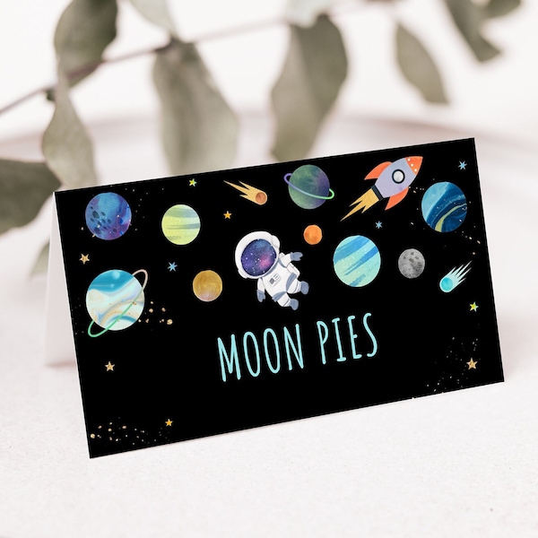 Editable Galaxy Birthday Tent Cards Food Labels Place Cards Boy Astronaut Galaxy Planets Outer Space Party Rocket Ship Printable A654