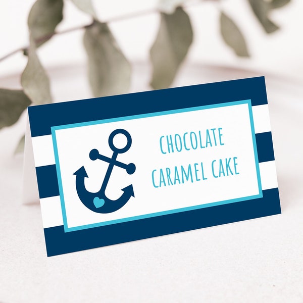 Editable Nautical Tent Cards Food Labels Place Cards Nautical Baby Shower Anchor Baby Shower Navy & Aqua Printable Digital Download A222