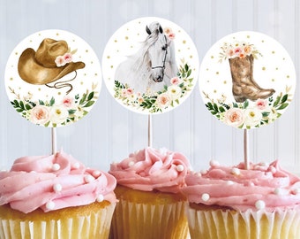 Horse Birthday Cupcake Toppers, Saddle Up, Watercolor Horse, Cowgirl Party, Horse Party, Pony, Boho Pink Floral Digital Download A645