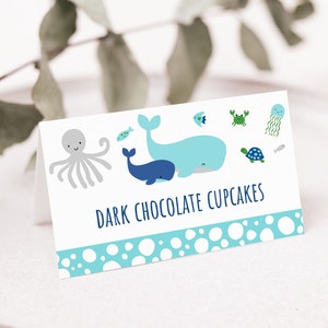 Editable Under The Sea Tent Cards Food Labels Blue Under The Sea Baby Shower Nautical Whale Sea Creature Baby Boy Digital Printable A179