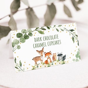 Carte tenda del bosco Etichette alimentari Segnaposto Bosco Baby Shower Verde Bosco Foresta Animali Digitale stampabile Download immediato A524