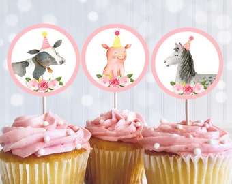 Pink Farm Birthday Cupcake Toppers Girl Farm Birthday Barnyard Birthday Pink Floral Farm Animals Printable Digital Download A510