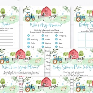 Farm Baby Shower Games Package Boy Farm Animal Barnyard Baby Shower Greenery Set of 8 Printable Games Digital Instant Download A511