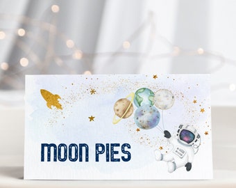 Editable Galaxy Birthday Tent Cards Food Labels Place Cards Blue Gold Astronaut Galaxy Planets Outer Space Party Rocket Ship Printable A606