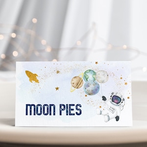 Editierbar Galaxy Geburtstag Zeltkarten Lebensmittel Etiketten Tischkarten Blau Gold Astronaut Galaxy Planeten Weltraum Party Rakete Printable A606
