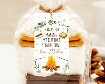 EDITABLE S&#39;mores Birthday Thank You Tags Favor Tags Smore Fun S&#39;mores Party Campfire Bonfire Camping Printable Instant Download Corjl A520