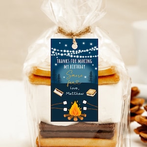 Etiquetas de agradecimento de aniversário editáveis S'mores Etiquetas de lembrança Smore Fun Boy S'mores Party Fogueira Fogueira Estrelas Camping Download digital A520